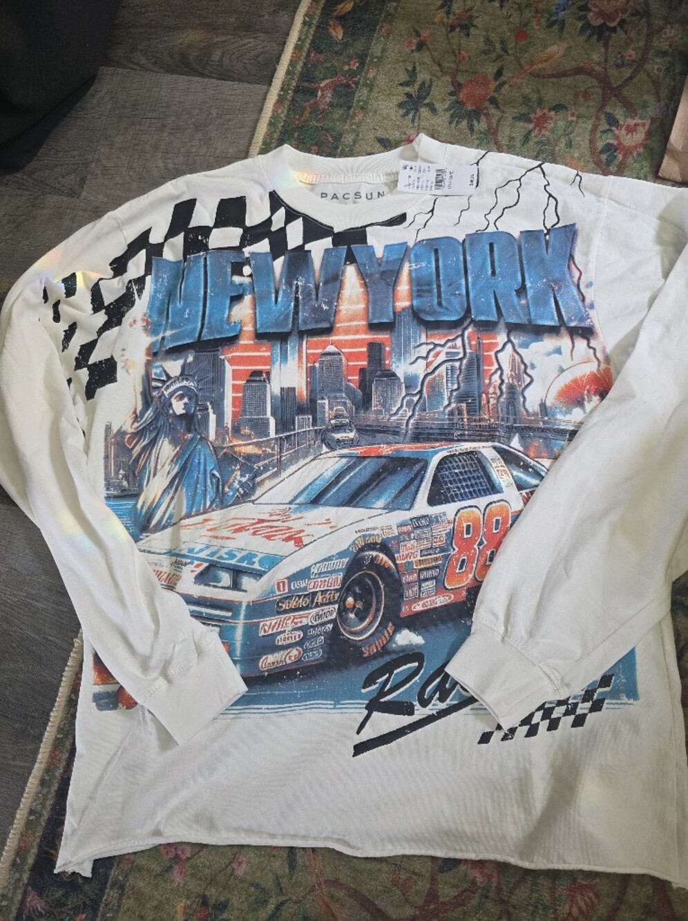 PacSun White Long-Sleeve 'New York' Racing Graphic Tee
